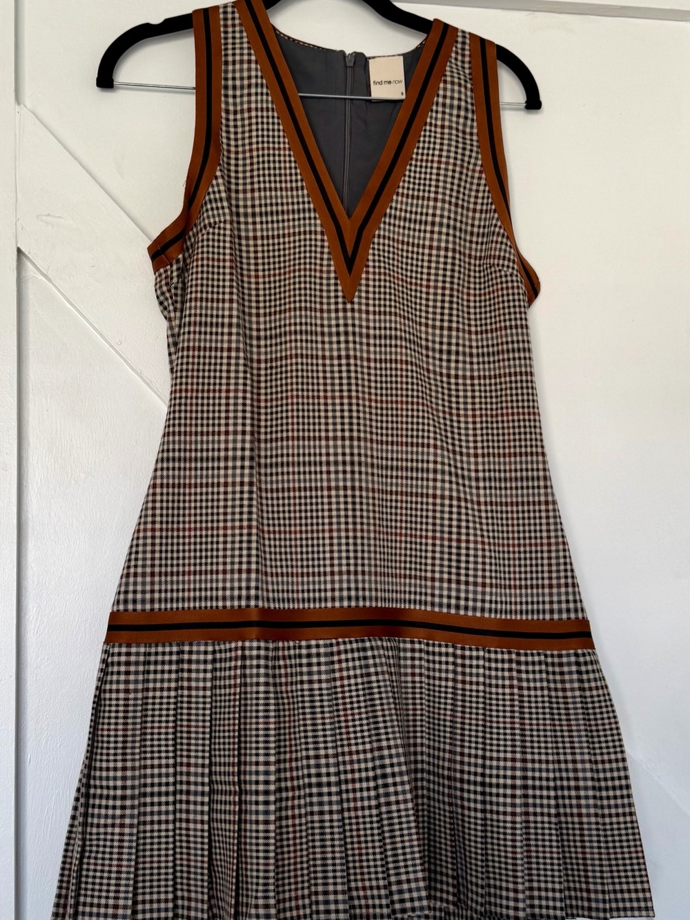 Maeve Black-and-White Plaid Sleeveless Dress with Rust Trim